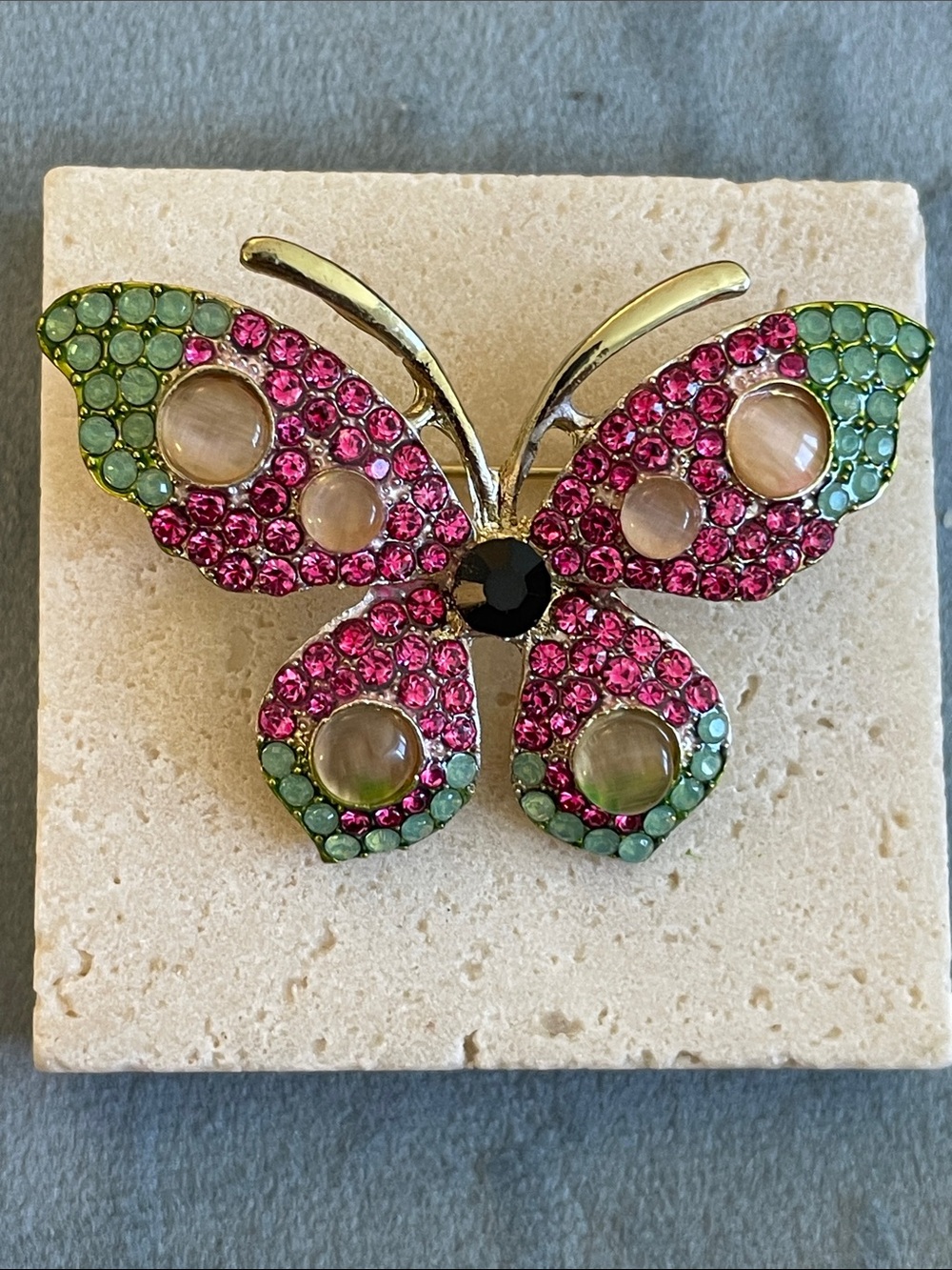 Anthropologie Butterfly Brooch Pink Crystal Green Rhinestone Cat Eye Cabochon St